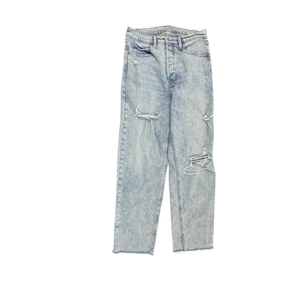 Old Navy Jeans Women 8 Blue Sky Hi Straight Distressed Button Fly Raw Hem
